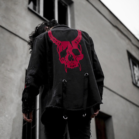 Dark Punk-Chaquetas vaqueras para hombre, ropa de calle con estampado de calavera de Hip-Hop, chaqueta negra con una hilera de botones, Camisa vaquera para hombre, S-3XL ► Foto 1/6