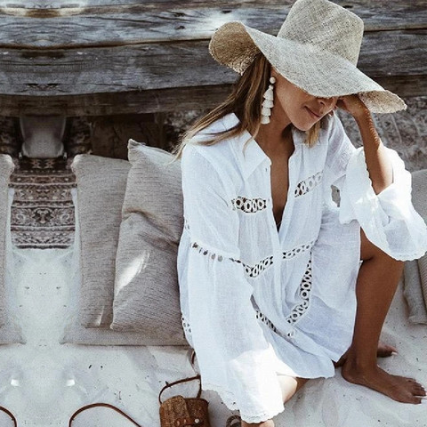 Mujeres traje De baño cubre mandarina manga Kaftan Beach Tunic Vestido De playa sólido blanco algodón Pareo Beach hasta # Q429 ► Foto 1/6