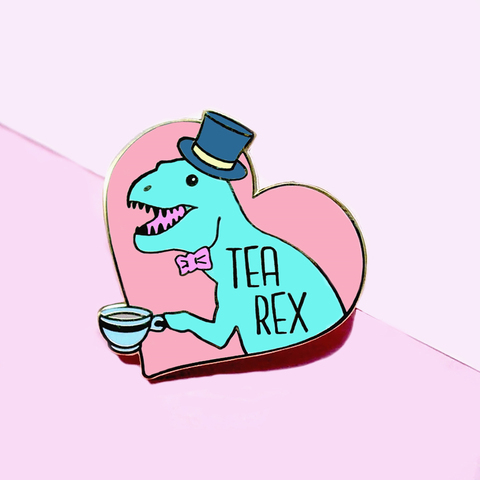 Divertido Tiranosaurio Rex té Pins de esmalte duro de dibujos animados de moda Pastel animales broche dorado beber té entusiasta regalo único ► Foto 1/1