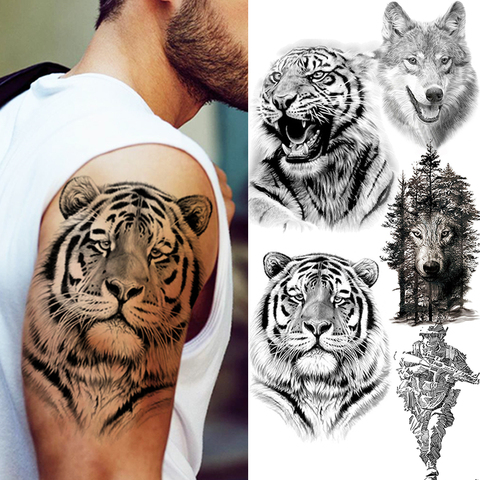 Tatuajes de tigre negro grande para hombres, tatuajes falsos de Lobo, leopardo, resistente al agua, monstruo de La Gran Bestia, cuerpo, piernas y brazos, cubierta de papel temporal ► Foto 1/6