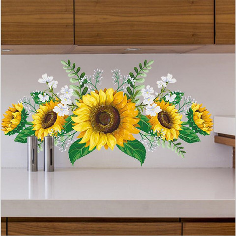 Pegatinas de pared de girasoles extraíbles para cocina, calcomanías impermeables para habitación de niños, sala de estar, dormitorio, decoración del hogar, Uds. ► Foto 1/6