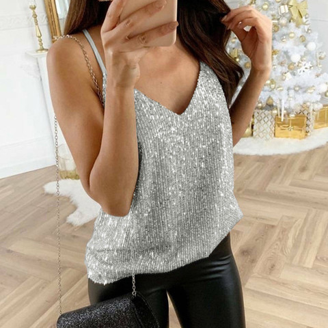 Blusa brillante con lentejuelas para mujer, camisa de tiras brillantes, Sexy, con cuello en V, 25 # ► Foto 1/6