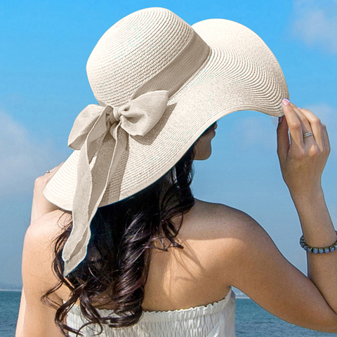 Sombrero de paja con lazo para mujer, gorro de paja con lazo de ala ancha, Panamá, plegable, para exteriores ► Foto 1/6