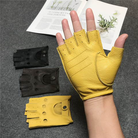 Guantes deportivos de piel de oveja para hombre, guantes de medio dedo, negro, amarillo, café, montar en moto, guantes sin dedos cómodos antideslizantes ► Foto 1/6