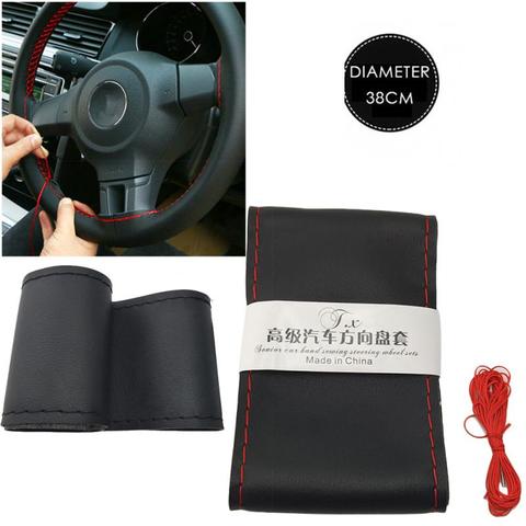 Funda antideslizante para volante de coche, protector de cuero de fibra con suave antideslizante, negro, bricolaje, trenza y agujas, hilo de cuero Universal ► Foto 1/6