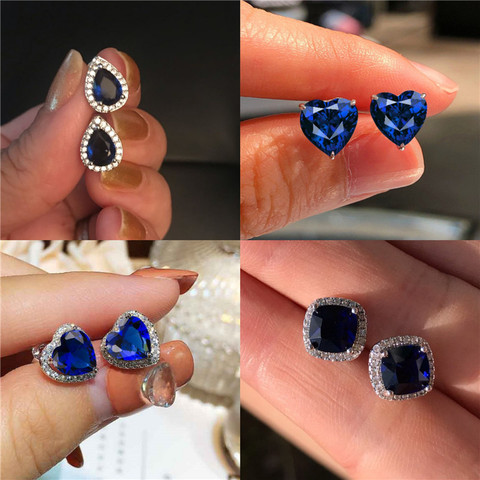 Pendientes de gota de agua de cristal único para mujer, aretes redondos cuadrados de corazón, piedra azul real de oro blanco, pendientes de broche para boda, joyería ► Foto 1/6