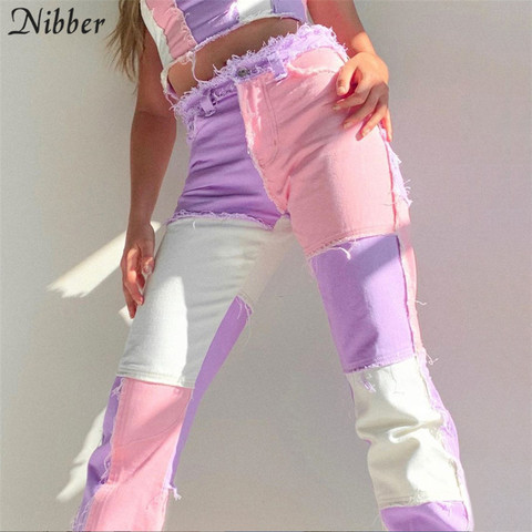 NIBBER Fashion 2022 mujeres ropa de calle de cintura alta, Pantalones rectos de hip hop, pantalones femeninos casuales con botón de diseño de retales fly ► Foto 1/6