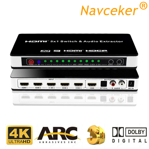 Navceker-interruptor 5x1 HDMI 2022 4K 1,4, Extractor de Audio, ARC & IR, 5 puertos, HDMI, mando a distancia 4K para PS4, PS3, Apple, XBox, TV ► Foto 1/6