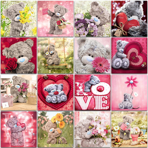 Kit de pintura de diamante 5D, cuadro de dibujos animados de osito de peluche amoroso, muñeca con flor, mosaico completo cuadrado y bordado redondo, punto de cruz, decoración del hogar ► Foto 1/6