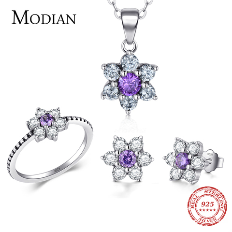 Modian-Conjunto de anillo y pendientes clásicos de plata de ley 100% y cristal transparente, conjunto de joyería de boda ► Foto 1/6