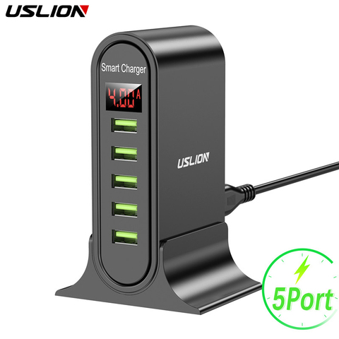 USLION cargador USB 5 Puerto pantalla LED Multi USB de escritorio de teléfono de la UE nos enchufe de Reino Unido con pantalla Digital viajes adaptador/cargador de pared ► Foto 1/6