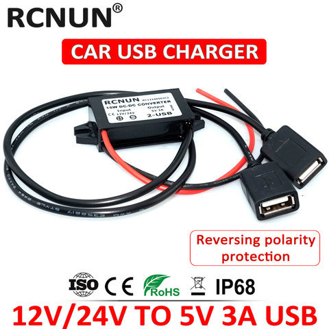 RCNUN-cargador de coche de 8-32V, 12V, 24V a 5V, 3A, CC, convertidor de reducción, fuente de alimentación USB Dual Buck para teléfono móvil, iPad, MP4, MP3, GPS ► Foto 1/6