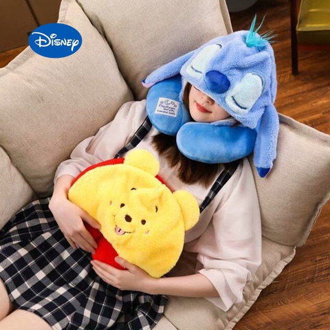 Disney-cojín de dibujos animados con capucha suave para niños y adultos, almohada de viaje con forma de U, con gorro, para la guardería suave ► Foto 1/5