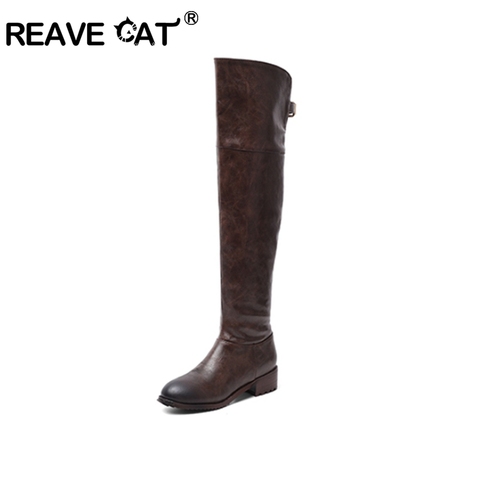 REAVE CAT-Botas de cuero por encima de la rodilla para mujer, Botines de tacón bajo, Botas Largas ajustados, color negro, marrón, cálidos, para invierno, alta calidad ► Foto 1/6