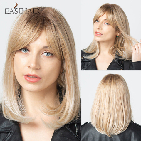 EASIHAIR-pelucas de pelo sintético Rubio degradado para mujer, peluquín Natural Bob con flequillo, Cosplay resistente al calor ► Foto 1/6