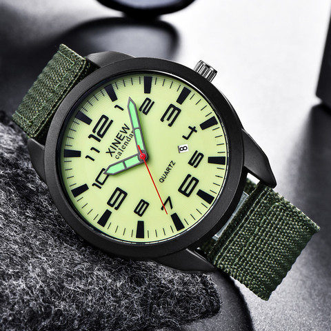 XINEW-reloj de lujo para hombre, con fecha, reloj de pulsera de acero inoxidable, reloj de cuarzo analógico, correa de nailon, relojes deportivos para hombre ► Foto 1/6