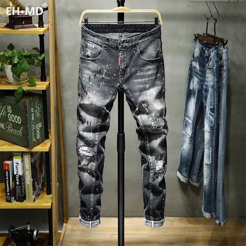 EH · MD®Pantalones vaqueros rasgados para hombre, pantalones ajustados con estampado de puntos y tinta, de algodón suave y alta elasticidad, con etiqueta de cuero, color negro y gris, orejas Rojas ► Foto 1/6