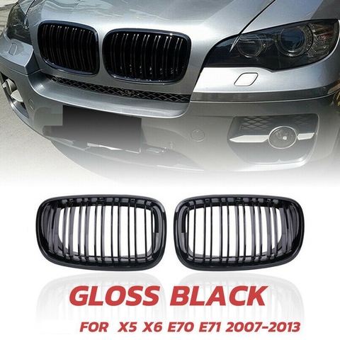 Parrilla X5 X6, rejilla de doble línea de riñón delantero para 2007-2013-BMW X5 E70 X6 E71 (ABS parrilla negra brillante, juego de 2-Pc) ► Foto 1/6