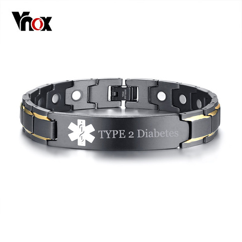 Vnox grabado gratis Diabetes tipo 2 enfermedad nombre ID de alerta médica pulseras para hombres terapia de salud brazalete de joyería ► Foto 1/6