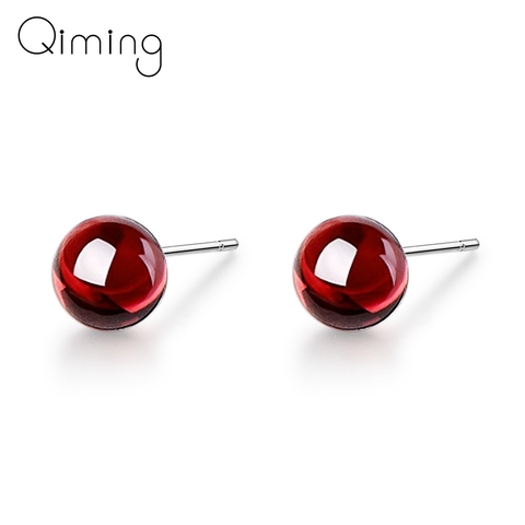 Pendientes de tuerca de piedra granate roja para mujer, aretes pequeños de bola redonda, joyería minimalista, aretes Piercing, Bisutería ► Foto 1/6