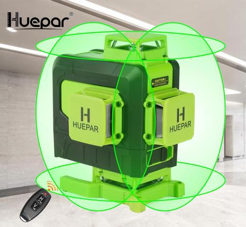 Huepar-Nivel láser, herramienta de nivelación 4D de 16 líneas, cruce de rayos verde, nivelado automático, 360, Rayo verde Horizontal y Vertical con Control remoto ► Foto 1/6