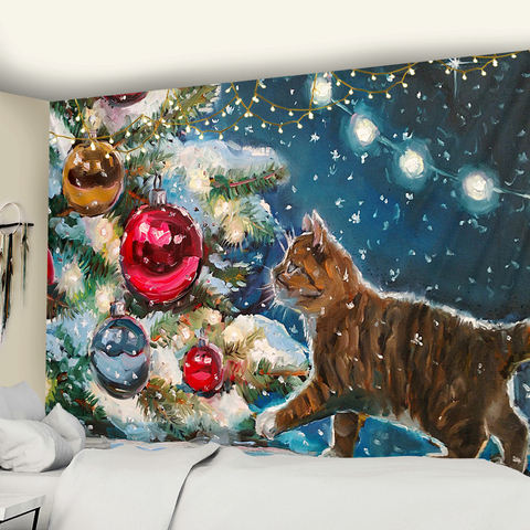 Arte de Navidad tapiz colgante de pared árbol de Navidad y gato animales de Navidad Fiesta de Año Nuevo decoración de alces manta de Yoga ► Foto 1/6