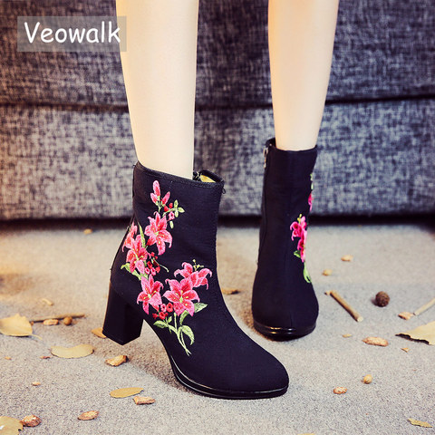 Veowalk-Botines de algodón con bordado Floral para mujer, botas cortas informales, zapatos con tacón de bloque, barcos ► Foto 1/6