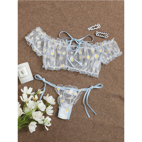Lencería erótica de encaje bordado para mujer, conjunto de sostén y Tanga sin tirantes, lencería pijama, bragas sin costuras ► Foto 1/6