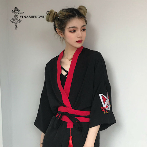 Kimono japonés Harajuku para mujer, blusas japonesas bordadas con Zorro, informales holgados, blusas tipo Kimono, Cosplay, Kimono con cinturón - Historial de precios y revisión | Vendedor de - YLE