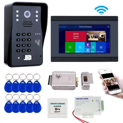 7 ''Wifi Video sistema de teléfono de puerta Video Intecom timbre Kit con cerradura eléctrica, ID Keyfob, Teléfono Móvil APP intercomunicador, desbloqueo ► Foto 1/6