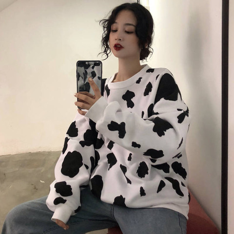 Sudaderas con capucha de manga larga holgadas para mujer, suéter Kawaii japonés, sudadera con estampado de leche de vaca, sudadera informal de moda para mujer ► Foto 1/4