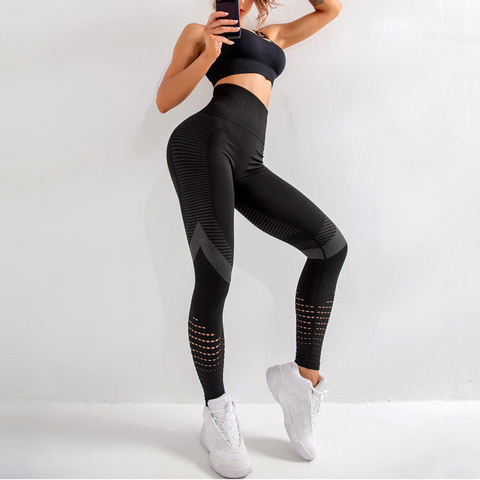 Mallas deportivas de cintura alta para mujer, Leggings sin costuras, para entrenamiento, correr, pantalones de Yoga, ropa de entrenamiento deportiva hueca ► Foto 1/6