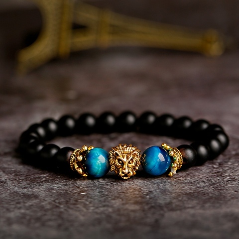 Pulsera clásica corona León Moda Hombre Ojo de Tigre ónix piedra hecha a mano Pulsera amuleto con cuentas para mujer joyería Pulsera Hombre ► Foto 1/6