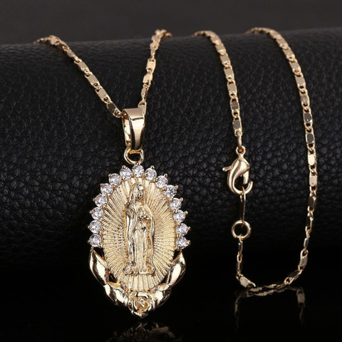 Collar con colgante de la Virgen María para mujer, joyería cristiana de circonita dorada delicada, collar de mujer, joyería cristiana ► Foto 1/6