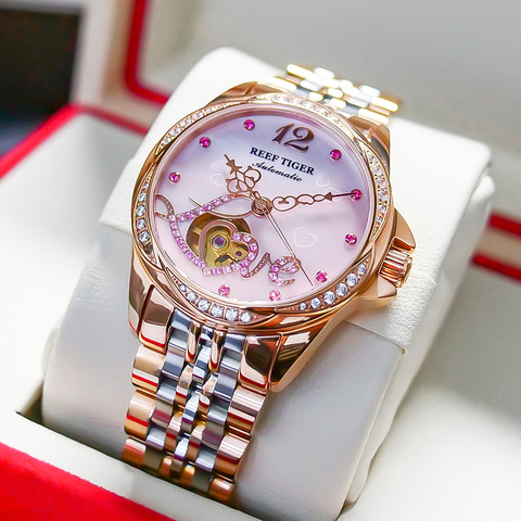 Reef Tiger-relojes de lujo con flores y diamantes para mujer, pulsera de oro rosa automática, marca superior, RGA1583, 2022 ► Foto 1/6