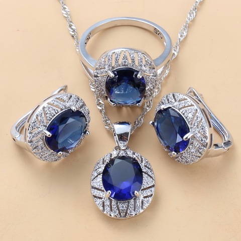 Conjunto de 3 piezas de pendientes y anillo de Plata de Ley 925 para mujer, conjunto de joyería grande con pendientes colgantes azules de circonia cúbica Natural ► Foto 1/6