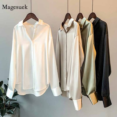 Camisa de seda coreana para mujer, camisa elegante de satén abotonada a la moda, de manga larga, color blanco Vintage, 11355 ► Foto 1/6