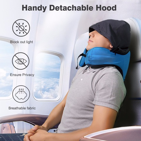 Almohada de cuello 6 en 1 de espuma viscoelástica para viajes, capucha desmontable para viajes, Bolsillo elástico lateral y cuello, ajustable ► Foto 1/6