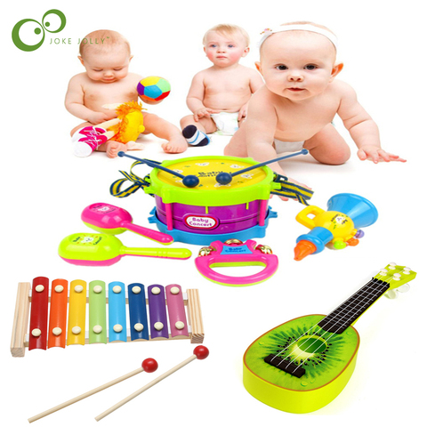 Conjunto de juguetes musicales de tambor para niños, Kit de Banda de Instrumentos de guitarra, juguete educativo para edades tempranas, regalo para bebé, campana de mano, juguetes de música, ZXH, 1/5 Uds. ► Foto 1/5