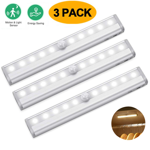 Luz LED con Sensor de movimiento PIR para armario, lámpara de pared con batería para debajo de armario, luces, armario, escaleras, cocina, 10 unidades ► Foto 1/1