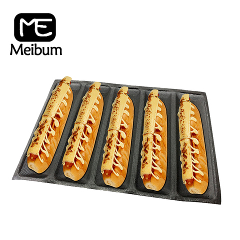 Meibum 5 cavidad mucho pan no palo hornear bandeja de fibra de vidrio de silicona pan molde perro caliente Baguette Eclair poroso molde ► Foto 1/6