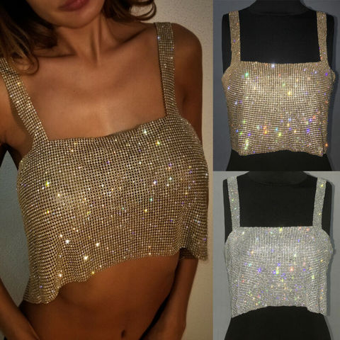 Camisetas ajustables para discoteca para mujer, camisetas sin mangas con tirantes de malla de Metal, envoltura drapeada de diamantes de chispa, cuello Halter con espalda descubierta, Jersey Sexy 2022 ► Foto 1/6