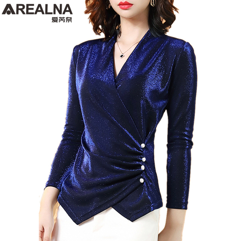 RoyalBlue-Blusa de manga larga brillante para mujer, camisa negra con cuello en V profundo, brillante, a la moda, de oficina, con cuentas, de talla grande ► Foto 1/6