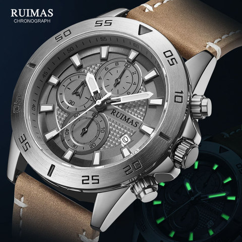 MEGIR & RUIMAS-relojes de cuarzo con cronógrafo para hombre, reloj de pulsera con Correa de cuero, informal, resistente al agua, 2022 ► Foto 1/6