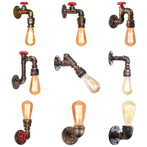 Lámparas clásicas de pared americana lámpara de mesita de noche de un solo cabezal luces de pared para el hogar Industrial Retro tubería de agua de hierro estilo oxidado aplique de Luz Decoración ► Foto 1/6