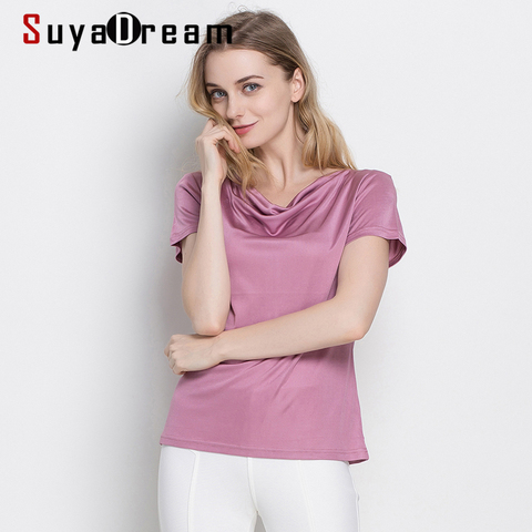 SuyaDream-Camiseta de cuello drapeado de seda Natural para mujer, camisa de manga corta de talla grande, Top liso de otoño 2022 ► Foto 1/6