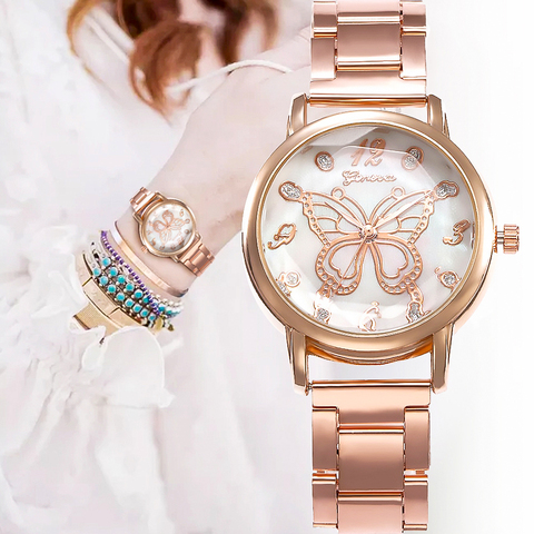 Reloj de cuarzo de acero inoxidable Mariposa o rosa para mujer, pulsera redonda de lujo, regalo para chica ► Foto 1/6