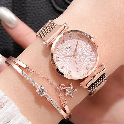Relojes de cuarzo de lujo para mujer, pulsera magnética, reloj deportivo con esfera rosa ► Foto 1/6