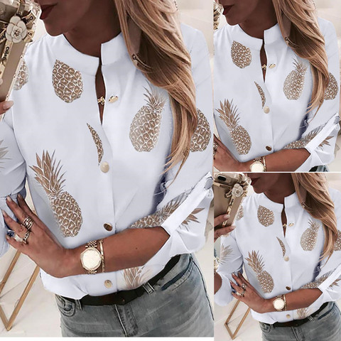 Blusa blanca de manga larga para otoño, camisa elegante con estampado de piña para mujer, 2022 ► Foto 1/3