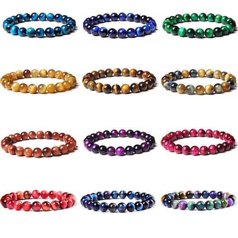 Brazaletes Ojo de tigre para mujer y hombre, cuentas redondas azules y amarillas de 8MM, pulseras de piedra Natural, cuerda elástica, joyería ► Foto 1/6